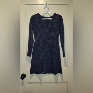 Loft, long sleeve V-neck blue dress with white dots. OP.